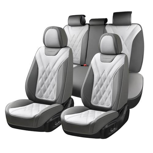 Coverado Car Seat Covers Full Set, Seat Covers for Cars, Front Seat Covers and Back Seat Cover Waterproof Leather Automotive Seat Cover, Universal Car Interior Protectors for Most Cars Light_Gray