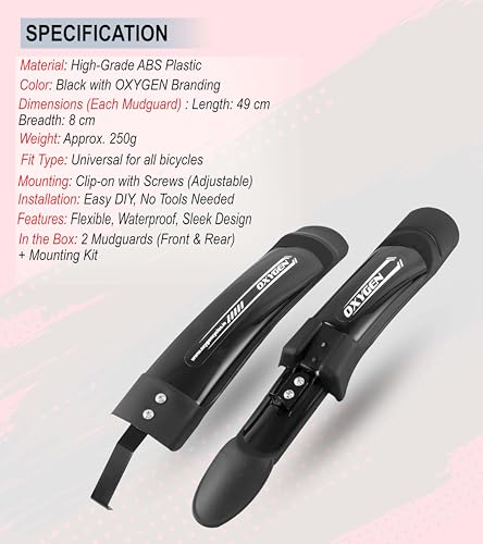Image of OXYGEN Cycle Mudguard Set for MTB Bicycle Universal Mudguard for Cycle 24 to 29 Inch Wheels Plastic Splash Proof Lightweight Bicycle Fender Guards for MTB Commuter and Kids Cycles Easy Install Black