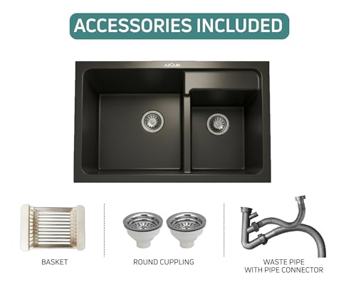 Image of ARQUIN ARQUIN Quartz Kitchen Sink 31x18x9 Inch Black Double Bowl Kitchen Sink Granite sink, UV Protected, Undermount /Topmount Noise Reducing Quartz Sink for Kitchen Basin