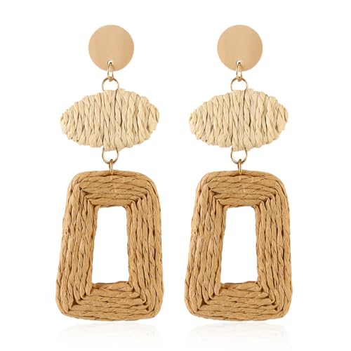 Image of Handmade Raffia Hoop Earrings Statement Tropical Bohemian Straw Dangle Earrings Natural Rattan Vacation Style Round Earrings for Women Summer Beach Party Essential Jewelry