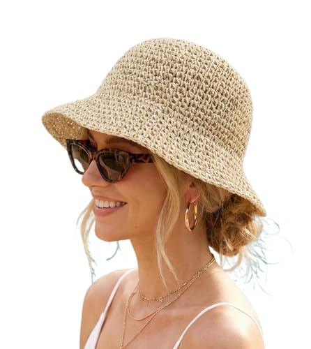 TYHOTULY Women Straw Sun Hat Packable Foldable Floppy Wide Brim Beach Bucket Hat UV Protection Travel Vacation Accessories (One Size Beige)