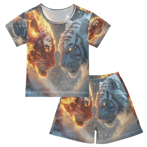 ALAZA Tiger Snow Fire Pajamas Set Short Sleeve Cotton Sleepwear Summer Pjs 2 Piece 5-14Y - Main Image