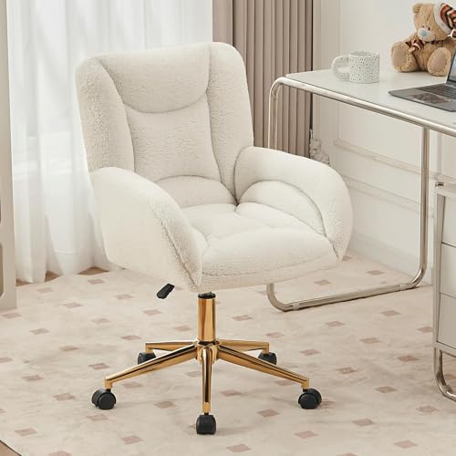 Image of FOXHUNTER Vanity Chair with Ergonomic Back & Wheels, 360 Swivel Accent Chair, Adjustable Height Home Office Chair for Living Room, Bedroom (Teddy,White)