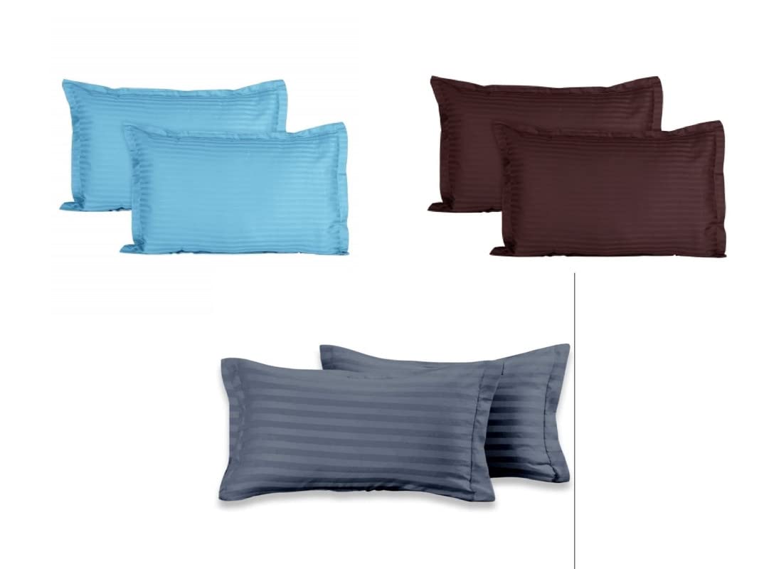 Luxury Trends 210 TC 100% Cotton Pillow Covers Set of 6 | Ultra Soft Satin Striped Pillow Case | 18 x 27 Inches, Sky Blue Brown & Grey