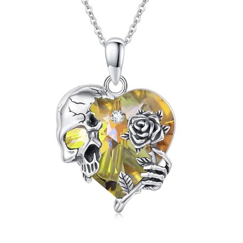 Image of S925 Sterling Silver Skull Pendant Necklace Heart Crystal Birthstone Skull Necklace Gothic Jewlery Gifts
