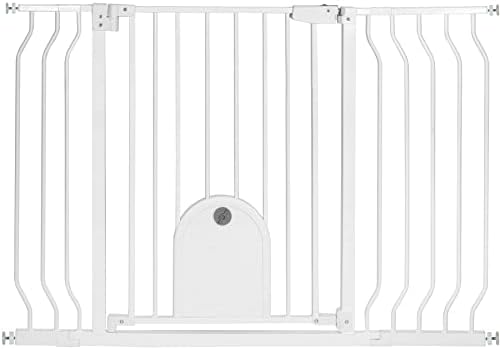 Baby Gate with Cat Door - Auto Close 29.5"-48.4" Safety Metal Dog Pet Gate for Doorway, Stairs, House, Walk Through Child Gate with Pet Door, Includes 4 Wall Cups and 2 Extension Pieces