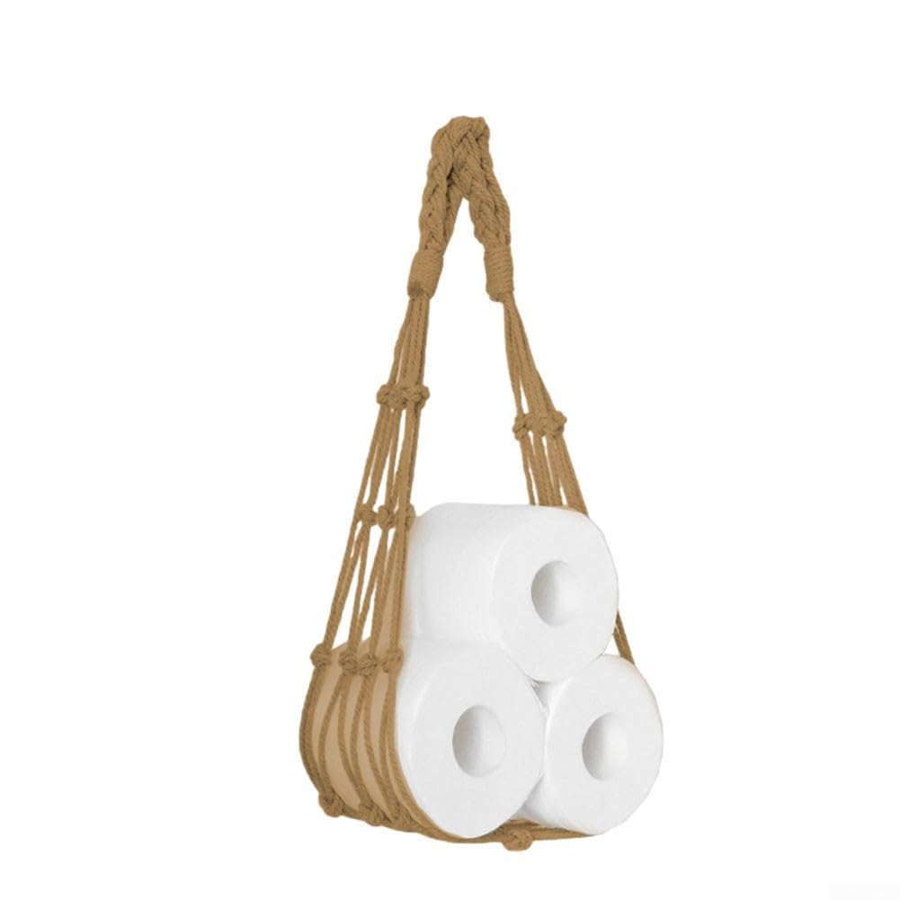 Rope Toilet Roll Holder, Hang Cotton Rope Toilet Paper Holder Mesh Storage Bag Wall Mount Tissue Towel Rack for Bathroom Decor(Brown)