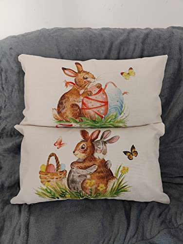 Hysunland Vintage Easter Bunny Rabbit Outdoor Lumbar Pillow Case Covers 12X20 Set Of 2 Burlap Spring Cushion Covers With Zipper #TOP1