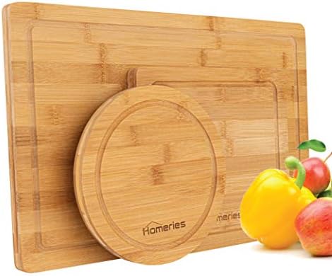 Homeries Bamboo Cutting Boards (Set of 3) with Juice Grooves - 9" Square, 8" Round & 17" Rectangle Wooden Chopping Board for Meat, Vegetables, Fruit & Cheese – Knife Friendly Kitchen Cutting Board