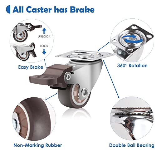 W B D WEIBIDA Möbelrollen Klein 25mm mit 4 Bremse, 360-Grad Lenkrollen Schwerlast mit 45kg Tragfähigkeit, Lautlose Rollen aus Vollgummi für Möbel Transport, Tisch, Kabinett, 4er-Set