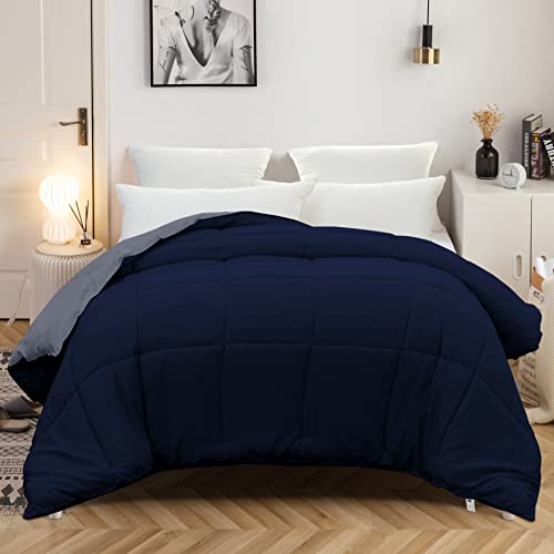 MOHAP Couette Bicolore 4 Saisons 220x240cm Hypoallergénique Bicolore Bleu Foncé + Gris Foncé Couette de Lit Réversible 2 Personnes Edredon