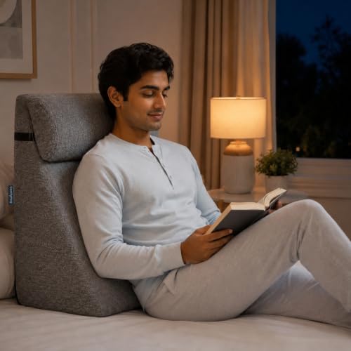 Image of ComfyHug Wedge Cushion with Headrest for Sleeping & Back Support - Bed Wedge Pillow for Acid Reflux, GERD, Snoring & Post-Surgery Relief | High-Density Foam, Washable Cover (20 x 18 x 10 Inch, Grey)
