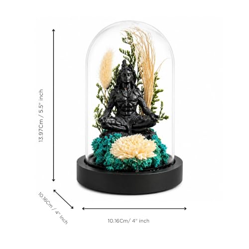 Image of eCraftIndia Lord Shiva Meditating Statue in Glass Dome for Home Decor | Decorative Shiv Idol with Preserved Flowers | Spiritual Showpiece for Living Room, Office, Temple & Gifting