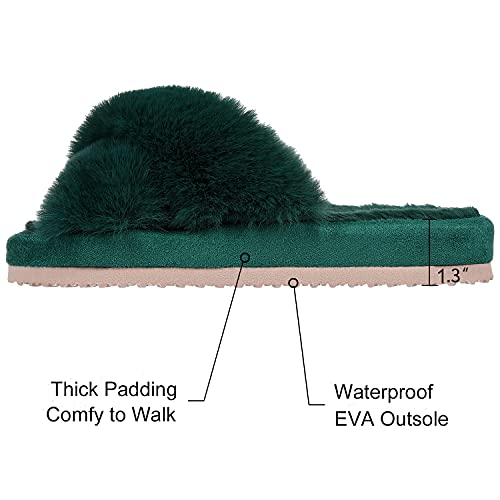 Women's Soft Plush Lightweight House Slippers Fuzzy Cross Band Slip On Open Toe Cozy Indoor Outdoor Slippers Green Size 7-8 #TOP4