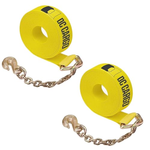Two 4-in. X 30-Ft. Heavy-Duty Winch Straps with Chain End and Grab Hook, 16,200 Lbs. Break Strength | Chain TieDowns by DC Cargo Mall