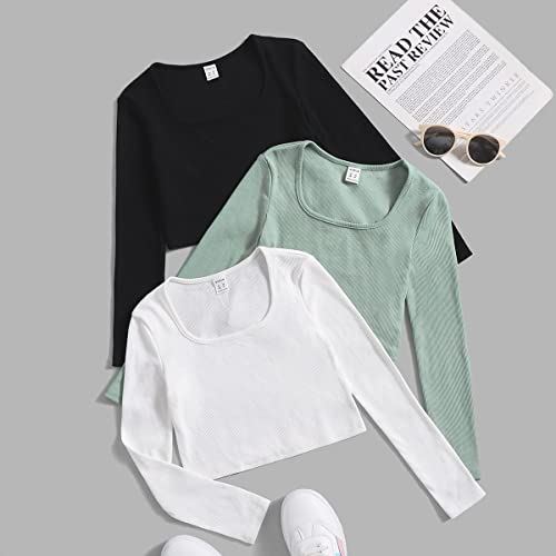 Image of Floerns Girl's 3Pcs Casual Scoop Neck Long Sleeve Ribbed Knit Tee Skirt