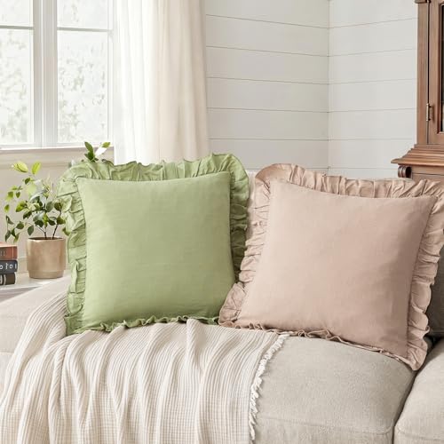 Image of Foindtower Set of 2 Decorative Linen Fringe Ruffle Throw Pillow Covers Soft Boho Farmhouse Cushion Cover Cozy Accent Retro Pillowcase for Couch Sofa Bed Living Room Home Decor,22x22 Inch,Light Green