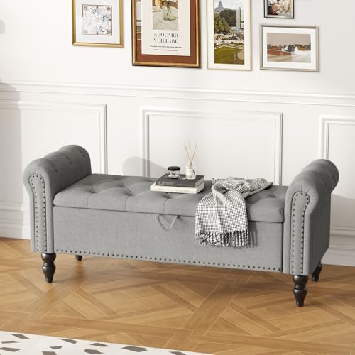 Ckaff Panca Fondo Letto 130cm, Cassapanca Contenitore Panca Portaoggetti, Pouf Organizzatore Poggiapiedi Scarpiera con Braccioli Arrotolati per Soggiorno Camera da Letto Entrata, Grigio