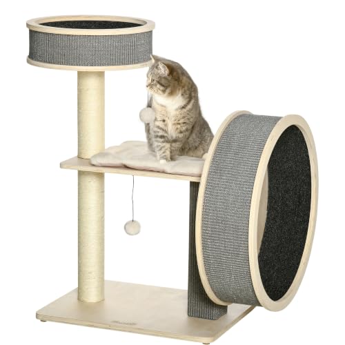PawHut Kratzbaum mit Laufrad Katzenkiste Kletterbaum für Katzen mit Katzenball Spielzeug Sisal Plüsch Natur 59,5 x 45 x 91 cm