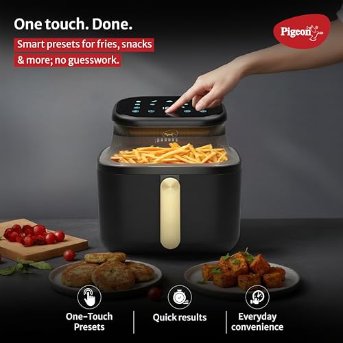Image of Pigeon by Stovekraft Healthifry 5.4L Digital Air Fryer | 1500W |See Through Glass Window|360 Rapid Air Circulation |80% Less Oil |Non-Stick Basket |Touch Control |Auto Shut-Off |2 Yrs Warranty |Black