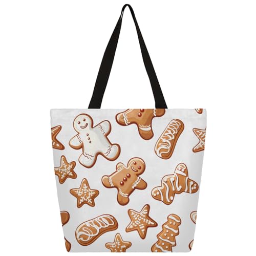 Mularoka Cute Gingerbread Large Capacity Canvas Tote Bag Stylish Handheld Shoulder Bag Reusable Shopping Bag for Work Travel Beach Trips Shopping