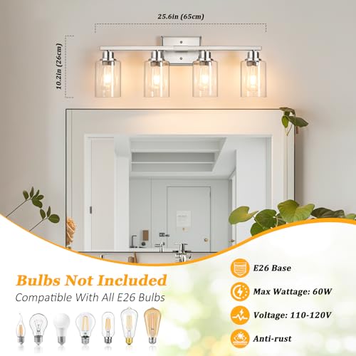 Image of Unicozin 4-Light Bathroom Light Fixtures, Modern Vanity Lights with Clear Glass Shades, Brushed Nickel Bathroom Wall Lamp for Mirror Living Room Cabinet Bedroom