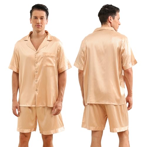 Men's Silk Satin Pajama Sets,Button-Down Loungewear,V-Neck Mens Pj Sets with Pocket Two-Piece