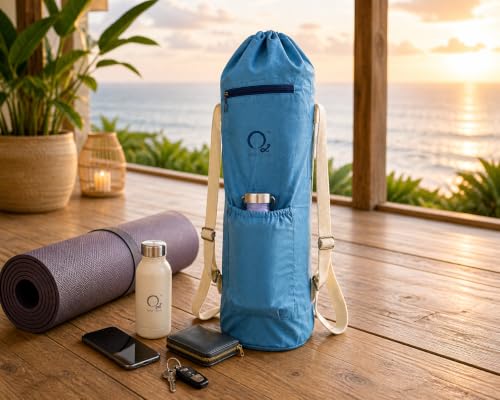Image of O2 Yoga Mat Bag | Basic Style Cotton Yoga Mat Carry Bag with Adjustable Double Straps | Bottle Holder & Zipper Pocket | Yoga Mat Cover Bag for Women & Men | Fits 2mm-10mm Mats - Ocean Blue