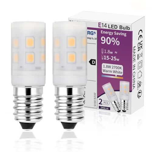 YzzYzz Ampoule LED E14 pour Réfrigérateur, Blanc Chaud 2700K, 1.8W équivalent à 25W, 245 lumens, Petit LED E14 pour Frigo/Lampe de Sel/Veilleuse Enfants, 2 pièces