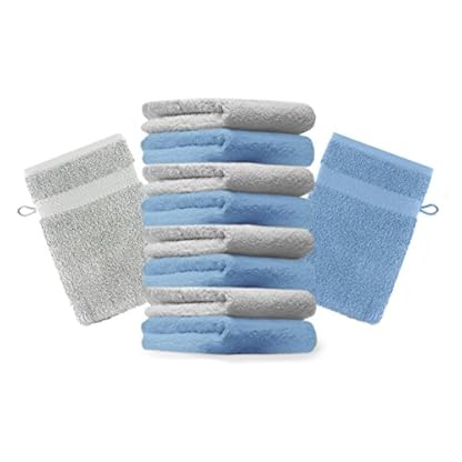 Betz 10 Stück Waschhandschuhe Premium 100% Baumwolle Waschlappen Set 16x21 cm Farbe hellblau und Silbergrau