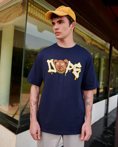 Image of Bewakoof Men's Cotton Typography Oversized Fit Half Sleeve Round Neck T-Shirt | Casual Wear | Street Wear | Oversized t Shirt for Men Cotton | Baggy
