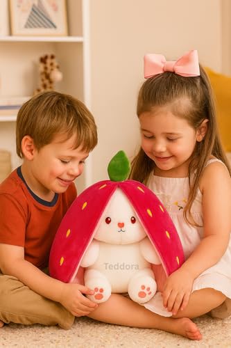 Image of Rabbit with Chain Reversible Strawberry Bunny Pink Soft Toy for Girls Boys Kids, Zipper Animal Stuffed Baby Teddy Gift Birthday, 25 cm