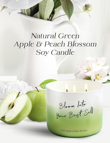 Green Apple Peach Blossom 3 Wick Scented Candles for Home - Large Summer Candles 15.8 oz - Aromatherapy Relaxing Soy Candle for Women & Men, Uplifting Gift Quote Candle Bloom Into Your Best Self