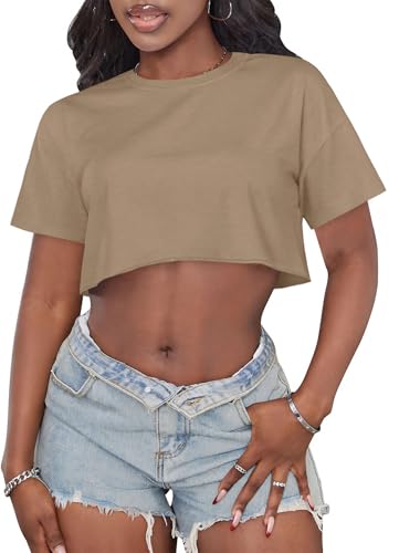 Image of Crop Tops for Women Oversized Short Sleeve T Shirts Crew Neck Cropped Tees
