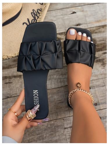 OYOANGLE Women's Ruched Band Open Square Toe Flat Sandals Slip On Summer Vacation Casual Slides3