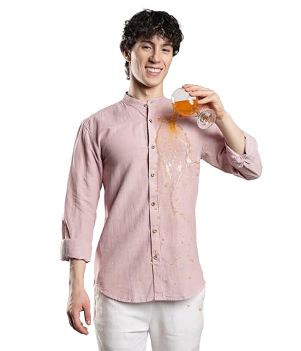 Image of TURMS Men's Casual Solid Linen Shirt | Water Repellent | Anti Stain Anti Odor | Kansas Linen | Mandarin Collar | Full Sleeves