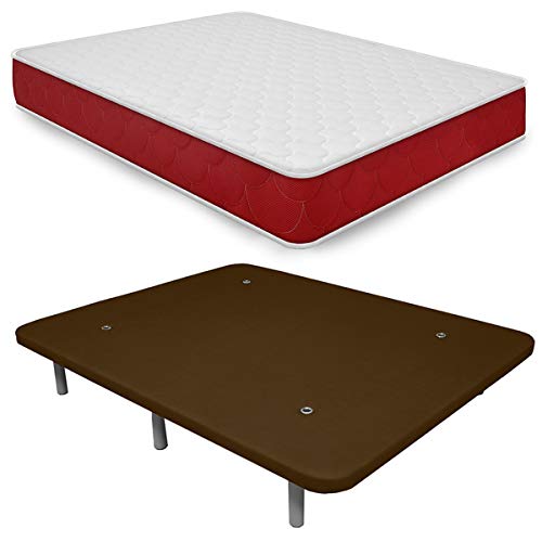 Duérmete Online Colchón Viscoelástico + Base Tapizada 3D Reforzada 5 Barras de Refuerzo y Válvulas de Ventilación con 6 Patas Lite Reversible, Madera, Chocolate, 90x200