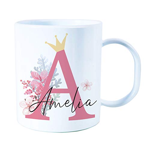 The Supreme Gift Company Personalised Floral Crown Kids Mug – BPA-Free Unbreakable Plastic Cup with Custom Name – Microwave & Dishwasher Safe Children’s Drink Mug