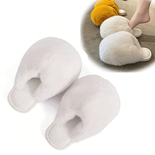 Women's Plush Ball Warm Slippers, Cute Fluffy Furry Slippers Women White Pink, Winter Rabbits Fur Slippers, Anti-Slip Soft Bottom Cotton Slippers, for Home Indoor Outdoor