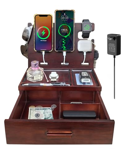 Xunhomon Wood Phone Docking Station with Drawer 4 USB Nightstand Organizer Charging Station with QC 3.0 & PD USB C Fast Charger for iPhone Android Mens Jewelry Box Anniversary Birthday Gifts for Men