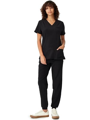 floralhue Scrubs for Women, V-Neck Scrubs Top & Cargo Pants with 10 Pockets, Black, 3XL