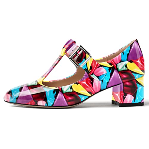 MERRORI Women's Buckle Round Toe T Strap Block Solid Patent Block Low Heel Pumps Shoes 2 Inch2