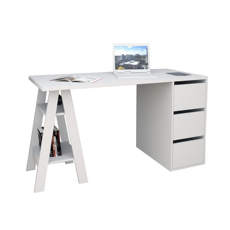 ACTUAL DIFFUSION Bureau Tréteau et Caisson 3 Tiroirs Blanc 2 Niches L 135 H 75 P 60 cm