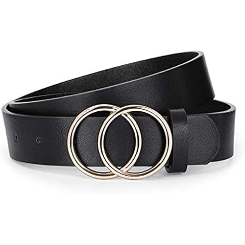 Monochrome Double-loop Buckle Belt,Women's Leather Jeans Belt Women's Plus Size Belt Two Rings With Round Metal Buckle Cover