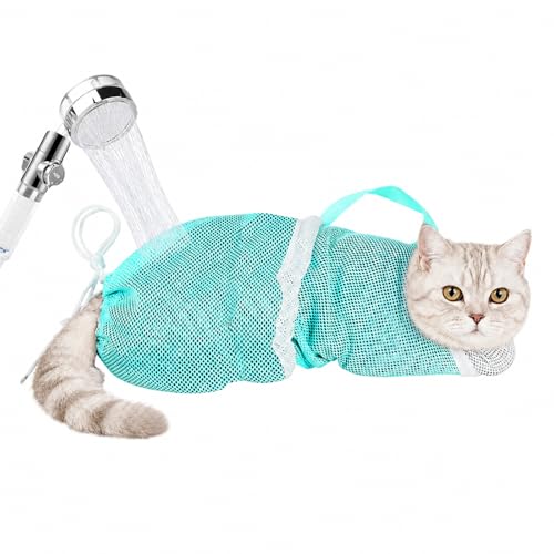 Cat Bathing Bag - Anti-Bite & Anti-Scratch Shower Bag Adjustable Restraint Bag for Cat Washing Nail Trimming & Injections Breathable Mesh Design