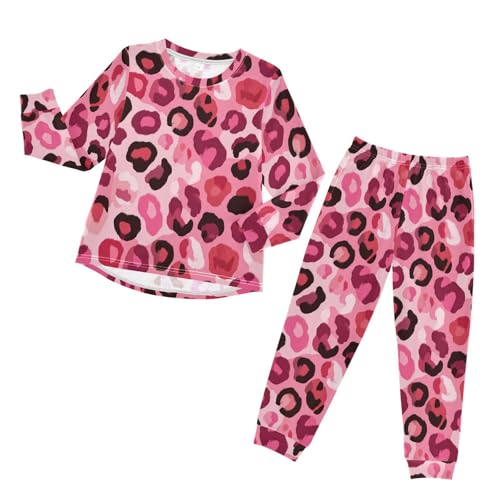 Pink Leopard Print Soft Pajama Set for All Seasons,Breathable Pjs Long Sleeve Sleepwear,Comfy Loungewear 2 Piece Underwear Set 5T