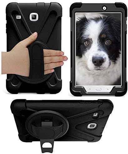 KIQ Shield Series for Samsung Galaxy Tab E Case T377, Heavy Duty Hybrid Shockproof Protection Cover Built/w 360 Kickstand and Hand Strap for Samsung Galaxy Tab E 8.0 Case SM-T378 (Black)