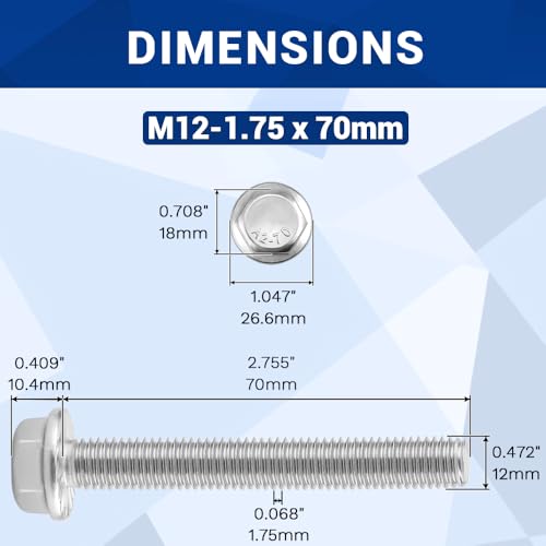 Image of M12-1.75 x 70mm Serrated Flange Hex Bolts + Flange Nut + Flat Washer + Lock Washer Combo Pack, 304 Stainless Steel 18-8, for Automotive & Machinery, 4 Sets