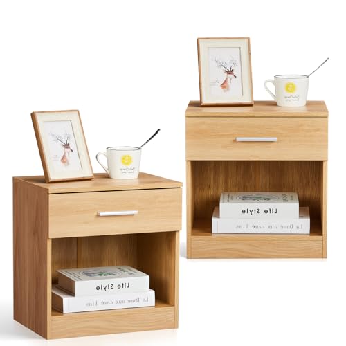 TactFire Table de Chevet Lot de 2, Table de Nuit, Commode Chambre avec 1 Tiroir, Convient pour Salon, Chambre, 39 x 29 x 41 cm (2, Chêne)