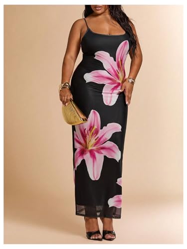 Image of BEAUDRM Women's Sexy Floral Plus Size Dress Date Night Club Cocktail Dress | Summer Vintage Mesh Bodycon Maxi Dress, Elegant Wedding Guest Dresses